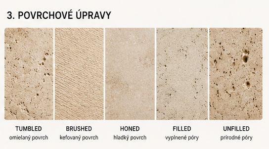 Povrchové úpravy travertínu tumbled brushed honed filled a unfilled